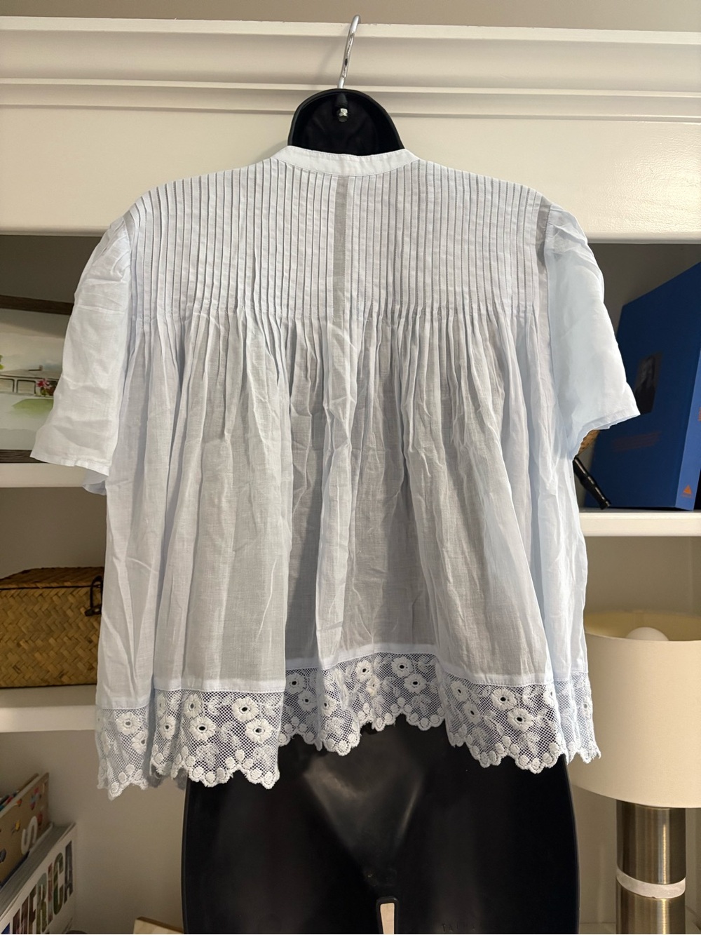 NWT J. Crew Pale Blue Pintuck Lace-Trim Short Sleeve Blouse - Picture 3 of 4